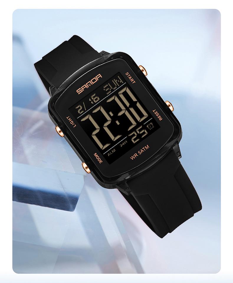 Sanda Dual Time Waterproof Transparent Sports Wristwatch with Colorful Single Display and Student Timer Function