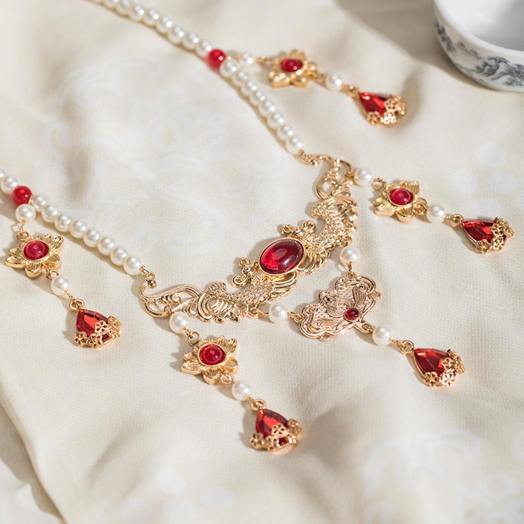 Red Droplet Lotus Necklace Chinese Ancient Jade Fringe Pendant with Pearl Beads Vintage Costume Party Jewelry Choker Accessories