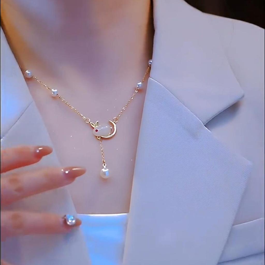 Pearl Jade Rabbit Necklace: Women's Luxury Choker with Starry Sky Design