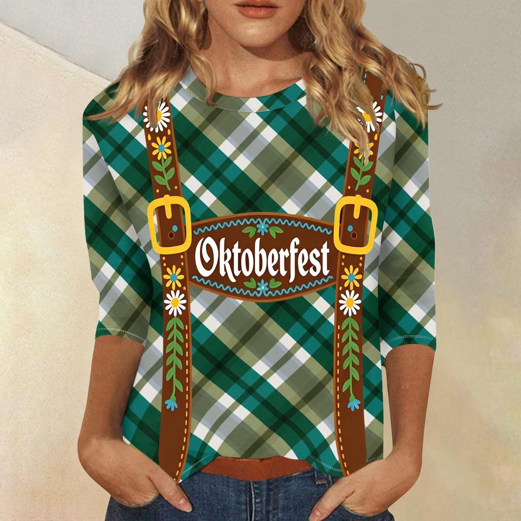 Damen Casual Dreiviertelarm Oktoberfest-Aufdruck Rundhals-Shirt Gestreiftes Muster Oktoberfest-Thema Oberteil