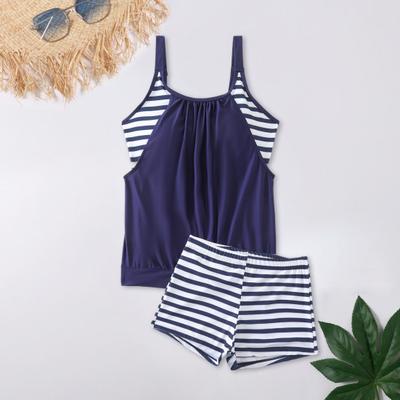 Conjunto de Traje de Baño para Mujer de 2 Piezas Chaleco Rayado con Almohadillas en el Pecho Pantalones Cortos de Cintura Elástica Traje de Baño para Aguas Termales de Secado Rápido Ropa de Playa de Verano