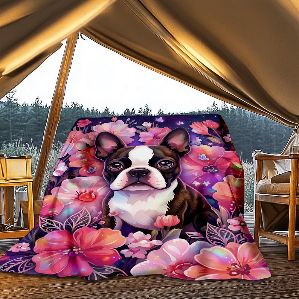1pc Floral Boston TerrierOutdoor Blanket, Soft And Comfortable Blanket, Casual Warm Outdoor Blanket, Good Birthday Gift yy260328065