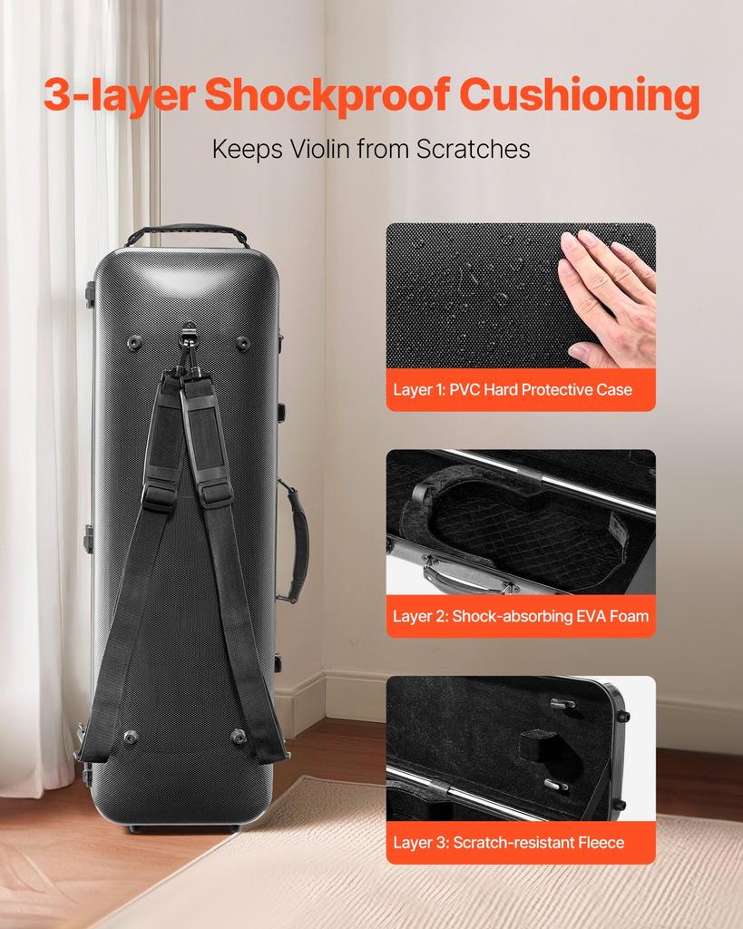 VEVOR 4/4 Full Size Violin Case, Built-in Hygrometer, Lightweight Portable Travel Carrying Bag, with Plush Lining, Shoulder Straps, Anti-Scratch