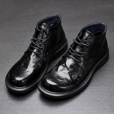 Tire Leather, Men'S Leather Martin Boots Casual Fashion Short Boots Round Head Medium Help Black Flat Boots Men'S