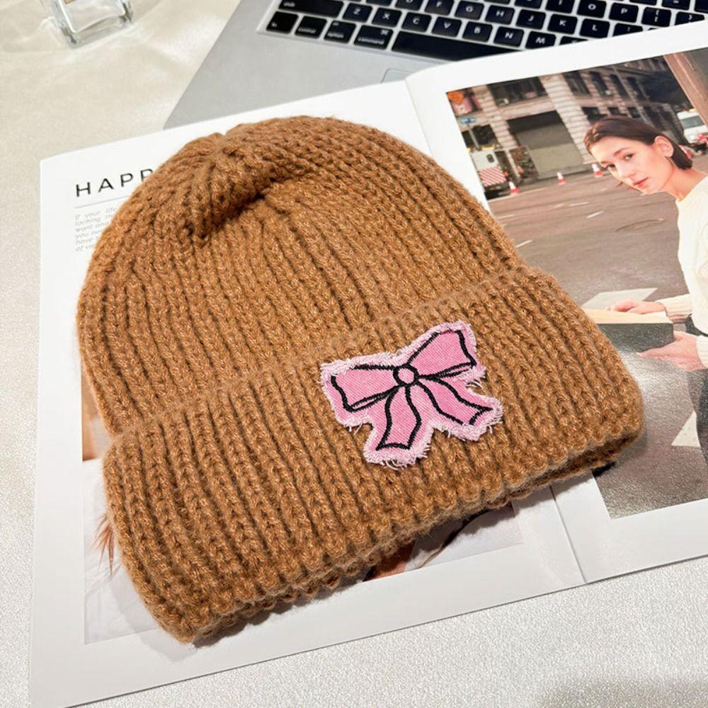 Lace Edge Bow Beanies Hat Solid Color Winter  Knitted Cap Sweet Bow Knitted Pullover Hat  Outdoor