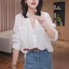 Camisa blanca de jacquard con empalme de encaje retro para mujer 1116 nuevo diseño de verano top de manga larga que reduce la edad algodón y lino