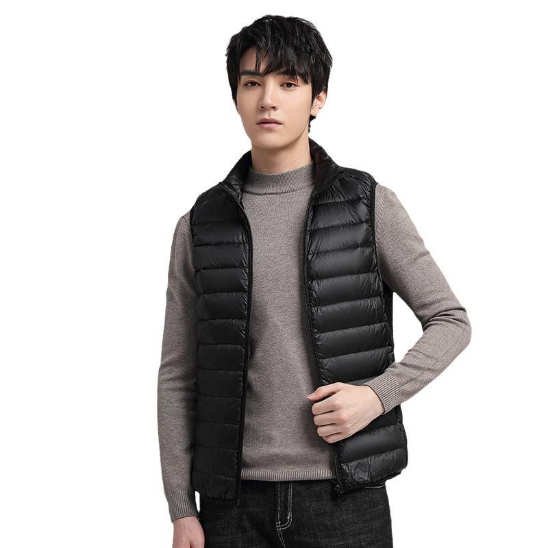 Winter Thin Down Sleeveless Vest for Men Solid Color Stand Collar White Duck Down Thermal Top Jacket for Men