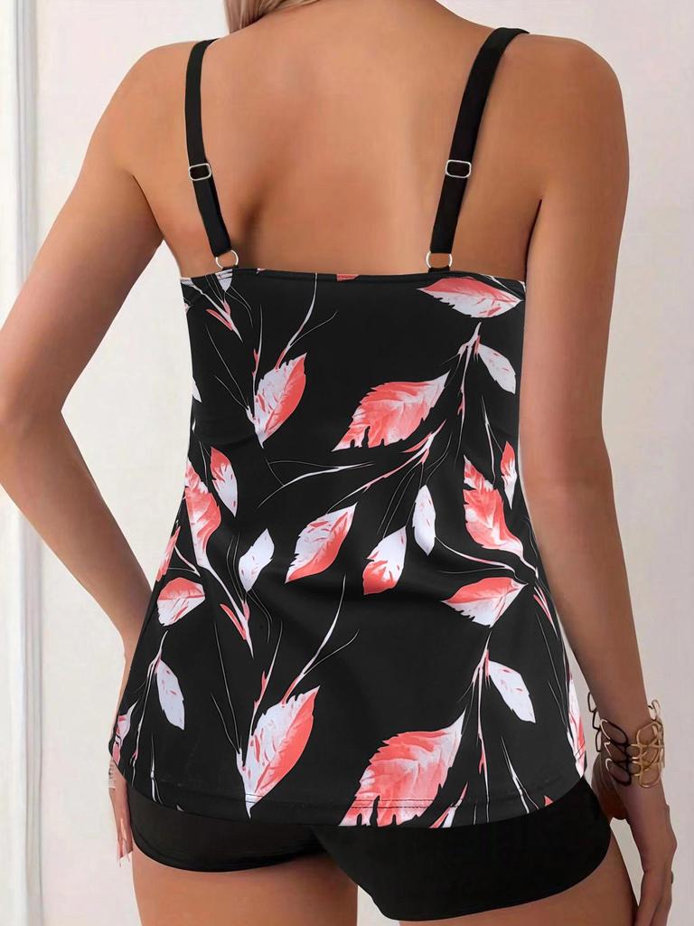 Damski luźny strój kąpielowy tankini z rozcięciem, nogawkami typu "flat leg" i stylem koszulki