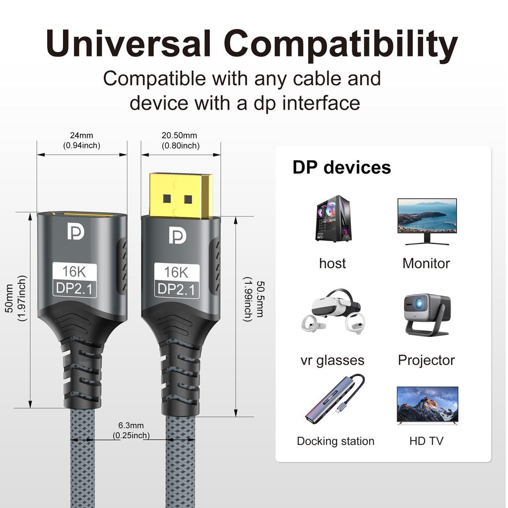 16K DisplayPort Verlängerungskabel, DP 2.1 Stecker auf Buchse Adapterkabel 54 Gbit/s, 16K@30Hz 8K@60Hz Kompatibel mit PC, Laptop, Monitor, TV, Projektor