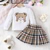 Autumn New Bear Top + Plaid Skirt for Girls Fashion