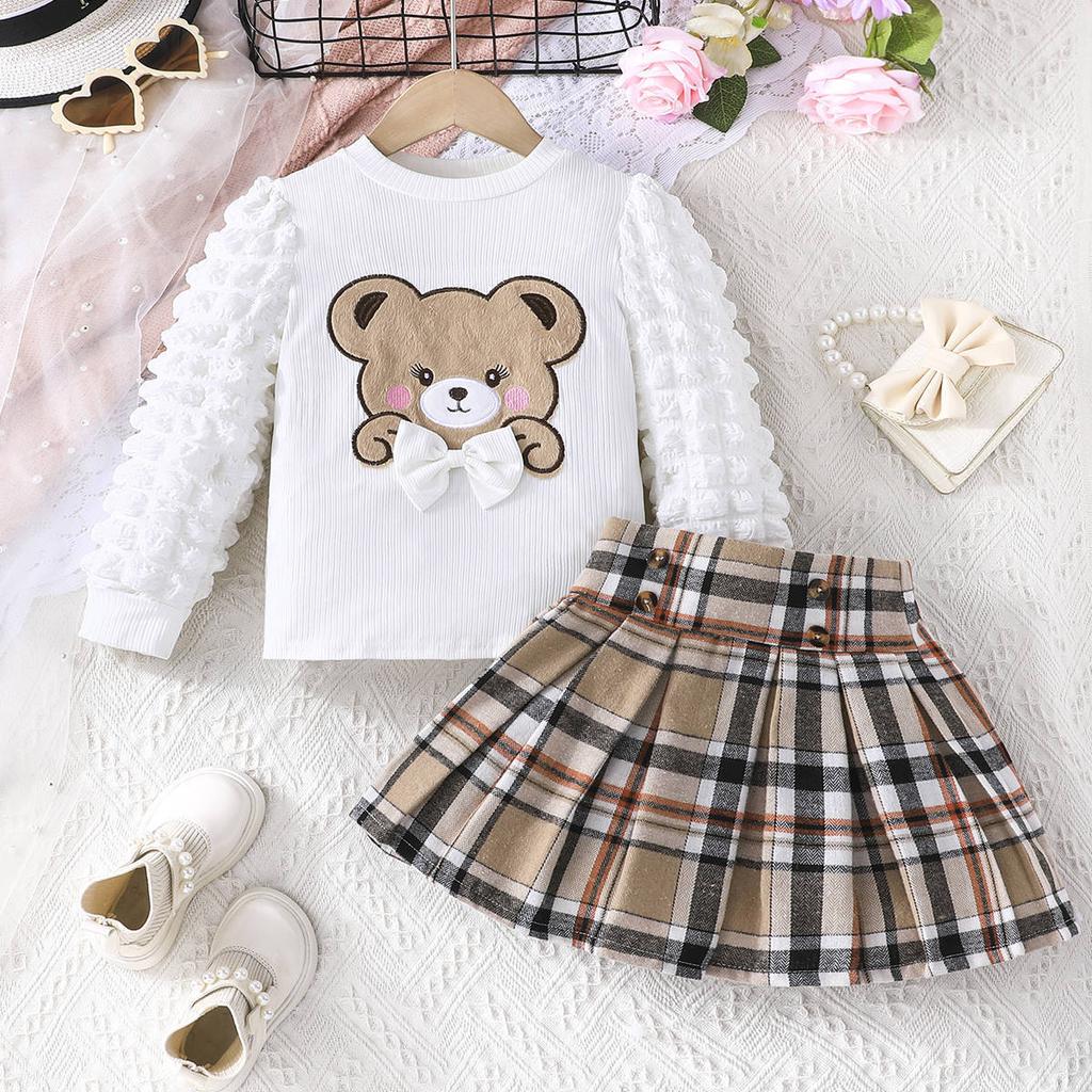 Autumn New Bear Top + Plaid Skirt for Girls Fashion