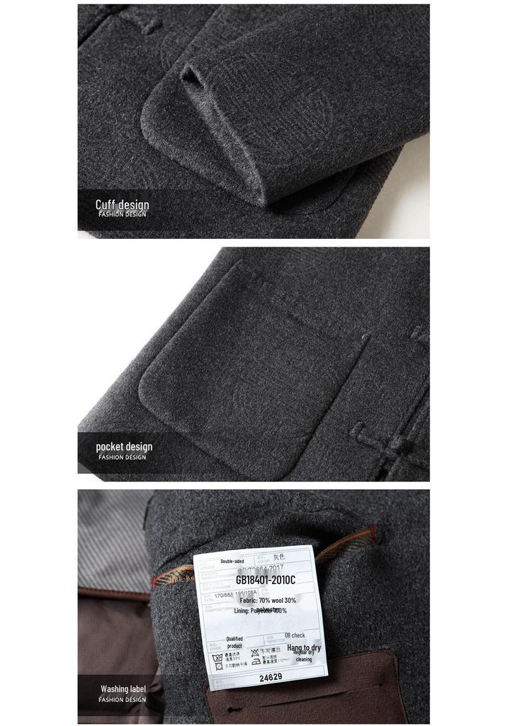 Men's Trendy Chinese Style Stand Collar Wool Coat with Detachable Down Liner, Frog Buttons, Double-Sided Fabric – Perfect for Autumn and Winter.