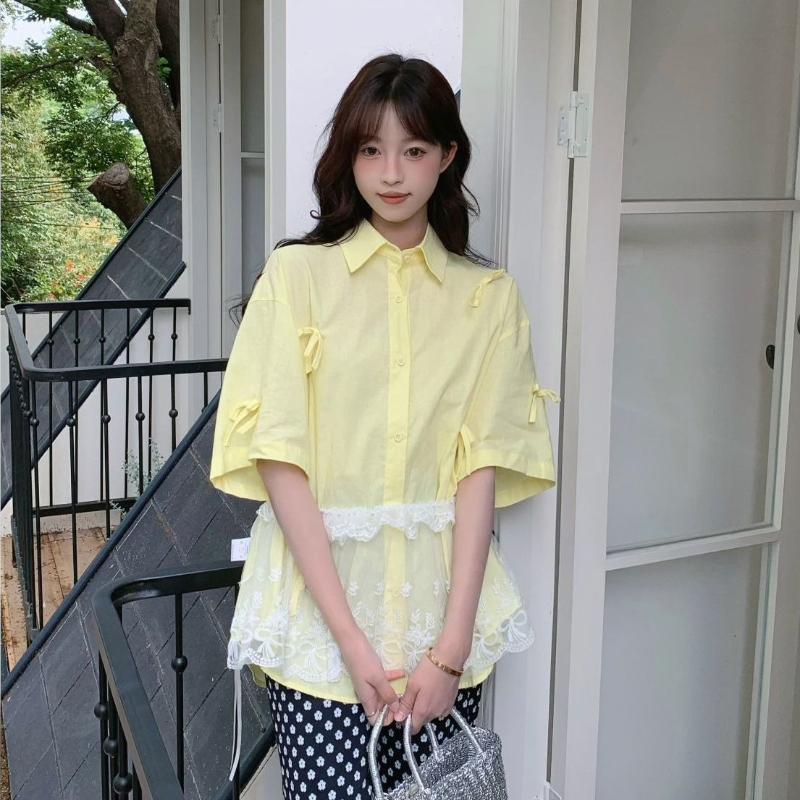 

Рубашки женские однотонные с узлом-бабочкой, летние тонкие прохладные блузки с коротким рукавом, однобортные с лацканами, свободная одежда XXL жёлтый