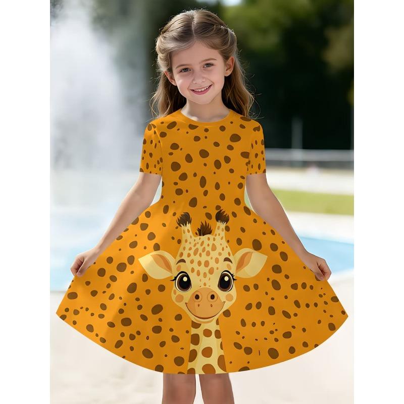Leopard Print Summer Girls Dress Short Sleeves All Printed Frocks Cute A-Line Princess Dress for Young Girls