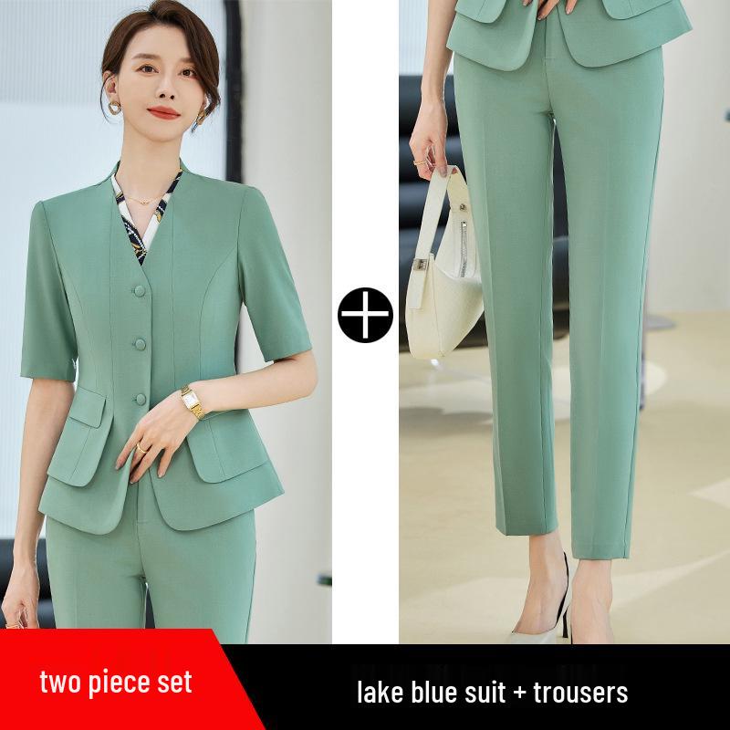 Women's Black Short Sleeve Professional Suit Set for Summer - Elegant Front Desk and Salon Workwear