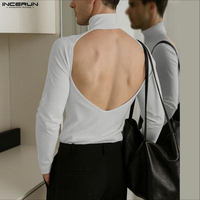 INCERUN Herren Damen Rollkragen Langarm Rückenfrei Party Figurbetont T-Shirts Tops
