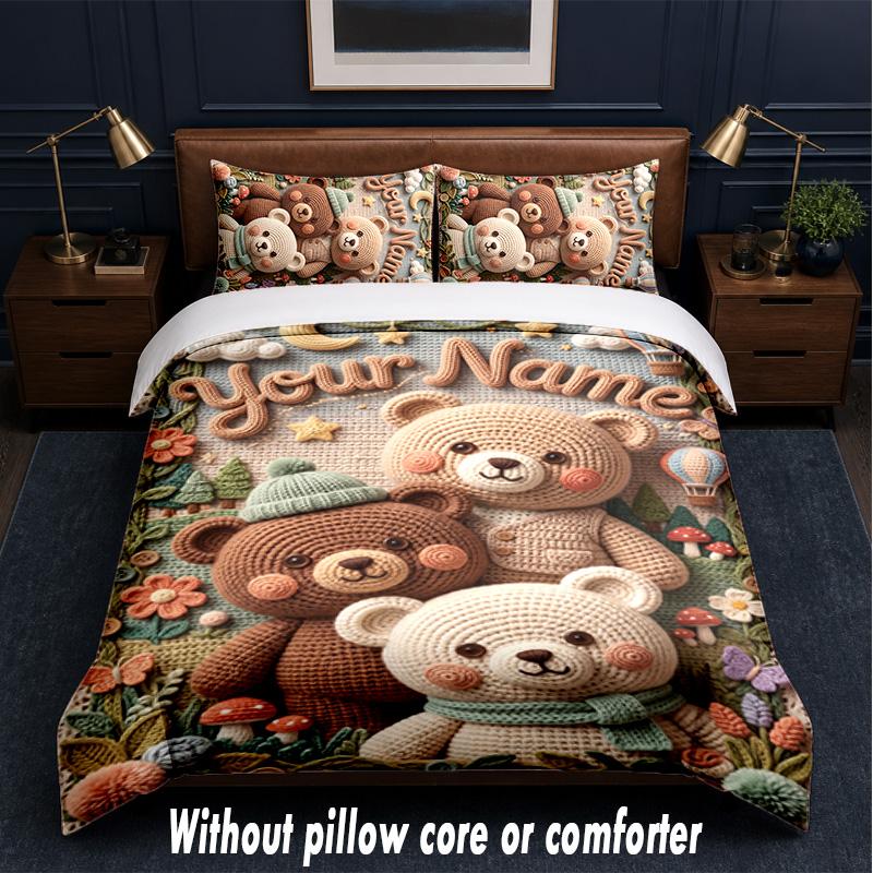 Teddy Bear Theme Custom Text Or Name 3Pcs Bedding Set,1 Flat Sheet & 2 Pillowcases Personalized Home Bedding