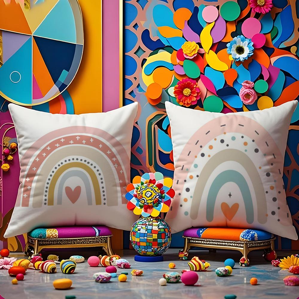 Rainbow Print Pillow Case Anti-Dustmite Pillowcase Invisible Zipper Silky Short Plush Sofa Cushion Cover