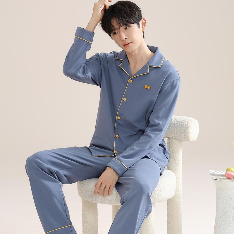 

Men s Korean Style 100% Cotton Lapel Pajama Set with Long Sleeves and Pants 2XL (150-165 lbs)