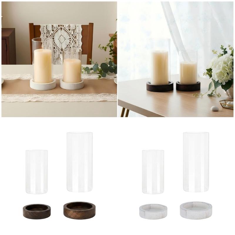 Set aus 2 klaren Glaszylinder-Vasen, winddichte Kerzenhalter mit Holzplatte für Blumenarrangements, Partytische und Wohnzimmerdekorationen