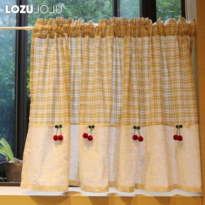 1PC LOZUJOJU Beige Checkered Cherry Decoration Short Curtain Rod Pocket Partition Curtain for Kitchen Living Room Bedroom Cupboard Home Decor