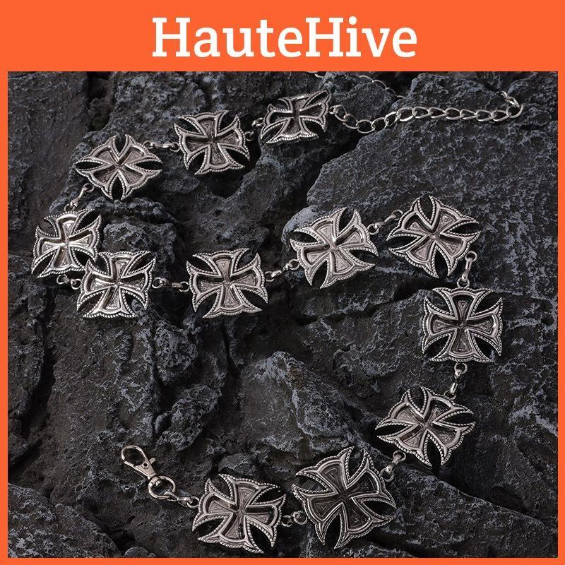 Style Retro Metal Waist Belt With Engraved Cross For Streetwear And Looks Casual