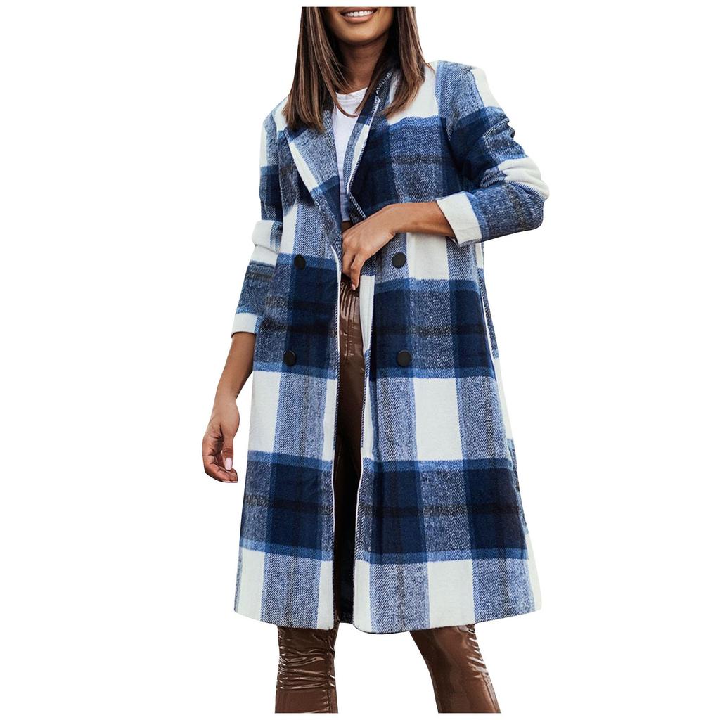 Women's Medium Plaid Double Breasted Long Sleeves Pocketless Coat Outwear