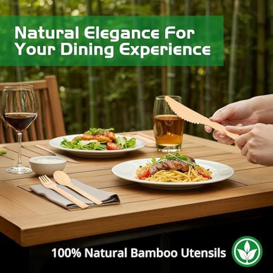 

Бамбуковые приборы 100 штук 50 вилок 25 ножей 25 ложек Набор столовых приборов из 100% бамбука Одноразовые и компостируемые приборы Экологичные United States