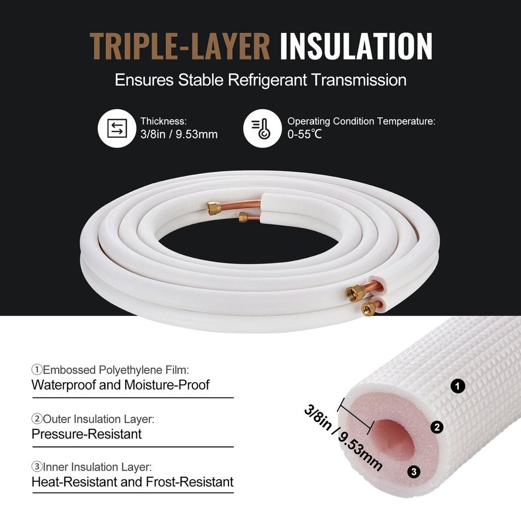 7620mm Mini Split Line Set, 6.4 & 9.5mm O.D Copper Pipes Tubing and Triple-Layer Insulation, for Mini Split Air Conditioning Refrigerant or Heating