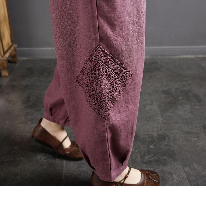 Women's Cotton & Linen Retro Harem Pants with Lace Trim - Large Size, Nine-Point Casual Style