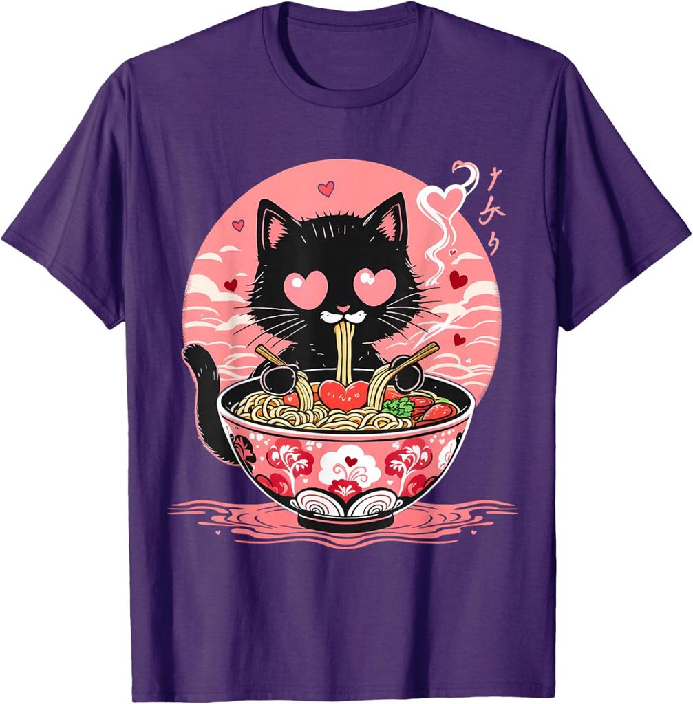 Kawaii Black Cat Eating Ramen Anime Japanese Aesthetic Graphic Tee Men Women Daily Perfect for Foodies Cat Moms