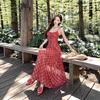 American Retro Red Plaid Waist Suspender Dress Summer Sexy Backless and Thin Dress
