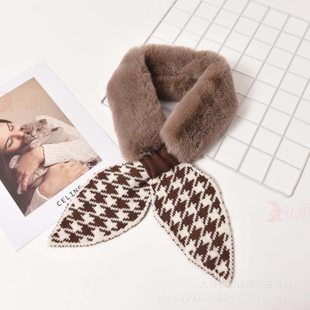 Women Plush Scarf Winter Windproof Warm Simple Plaid Cross Neckerchief For Winter Coat Dress