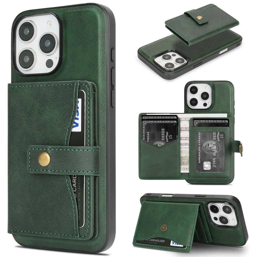For iPhone 15 Pro Kickstand Case Detachable Card Bag Compatible with MagSafe PU Leather Coated TPU Phone Cover