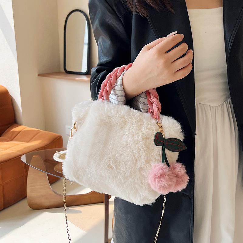 Solid Color Plush Cherry Square Bag Women's Versatile Fashion Chain Shoulder Messenger Bag Winter Small Tote Handbag Bag