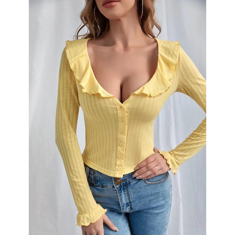 

Solid Color Women T-shirts Spring Fall Ruffle Deep V Neck Long Sleeve Button Down Crop Tops Casual Fashion Female Clothes L жовтий