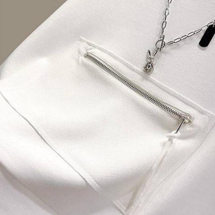 Women Loose Round Neck Long Sleeve Pullover Sweatshirt Top with Zipper Pocket Short