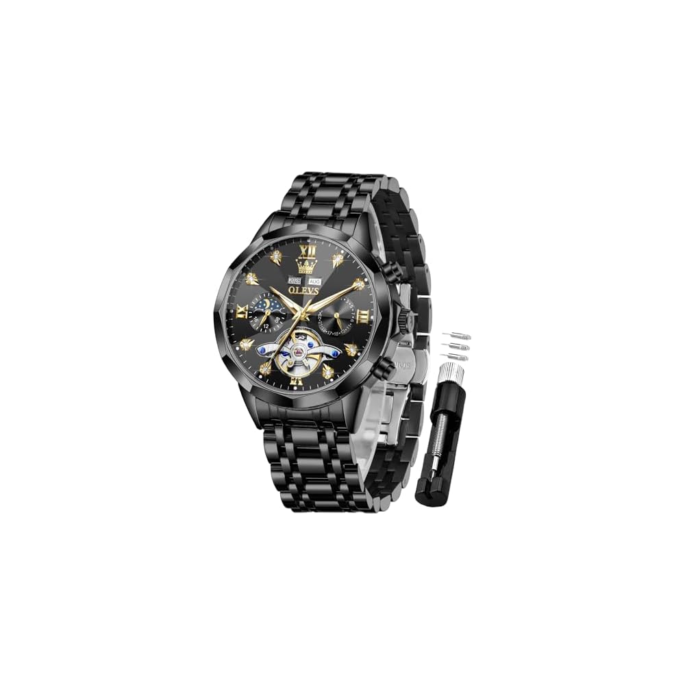 OLEVS Automatic Men s Watch Diamond Skeleton Mechanical Moon Phase Calendar Waterproof Black Band Black Dial