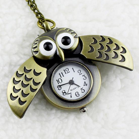 Retro Owl Shape Pendant Analog Pocket Watch Chain Necklace Unisex Jewelry Gift