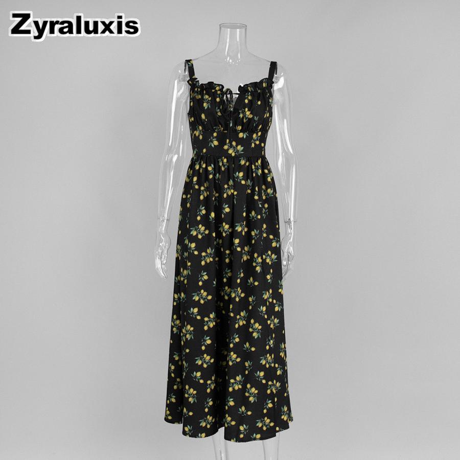 Summer New Low-Neck Tie-Up Ruffled High Waist Fresh Sweet Fruit Print Dress