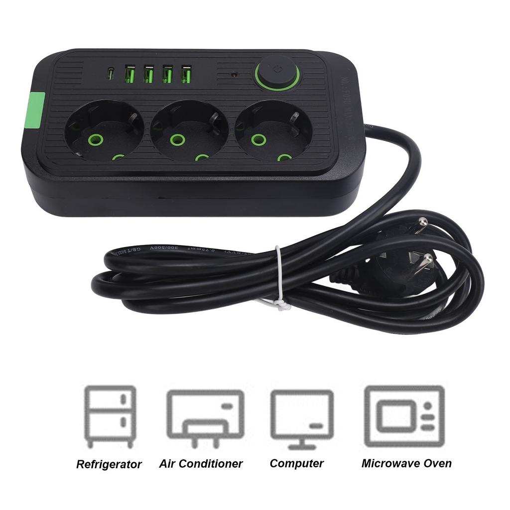 Europäische Steckdosenleiste 3 Steckdosen 4 USB 1 Typ-C-Anschluss Wandmontierbarer Stromverteiler mit 2m Kabel