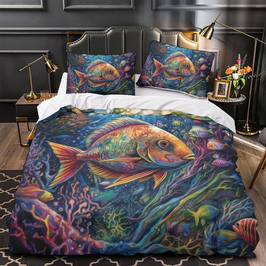 3D Digitaldruck Farbe Fisch Serie Bettbezug Kissenbezug Zwei- oder Dreiteiliges Set Polyester Schleifen