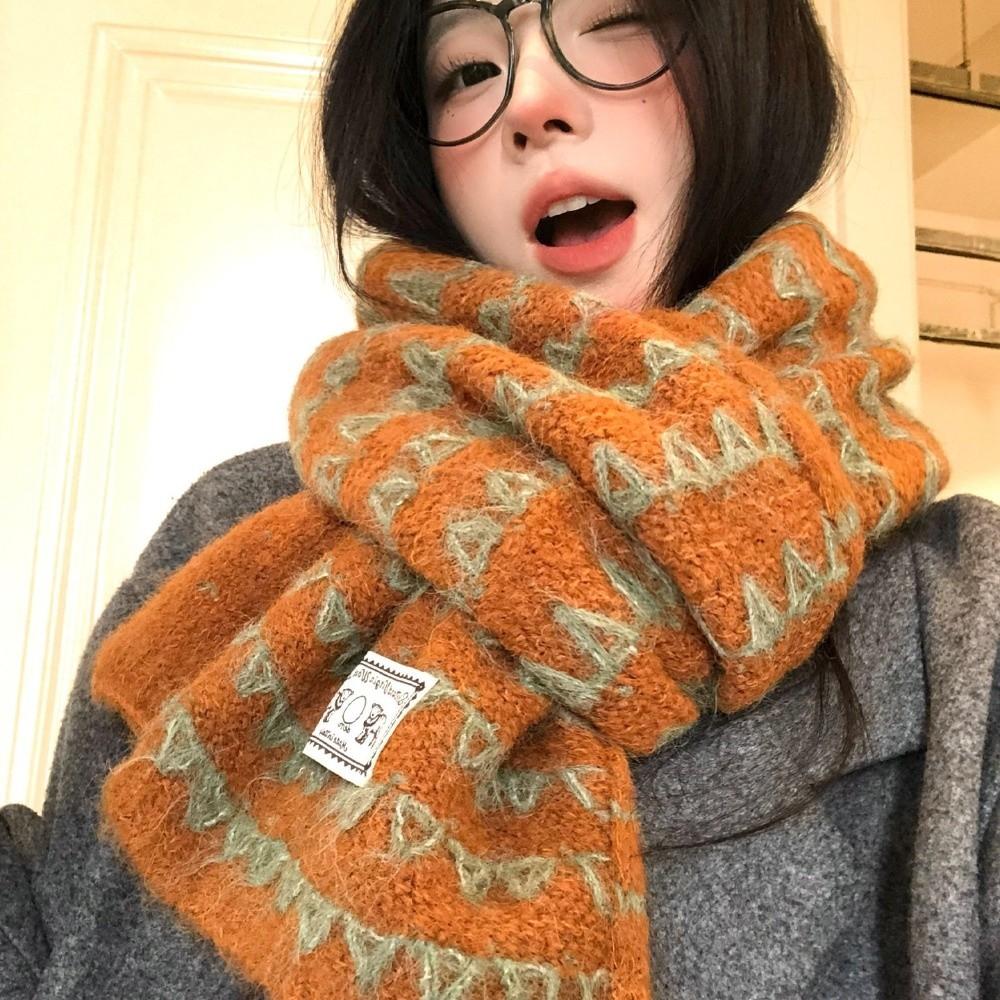 Korean Style Pumpkin Color Knitted Scarf 170cm x 25cm Fall Winter Neck Warmer For Women