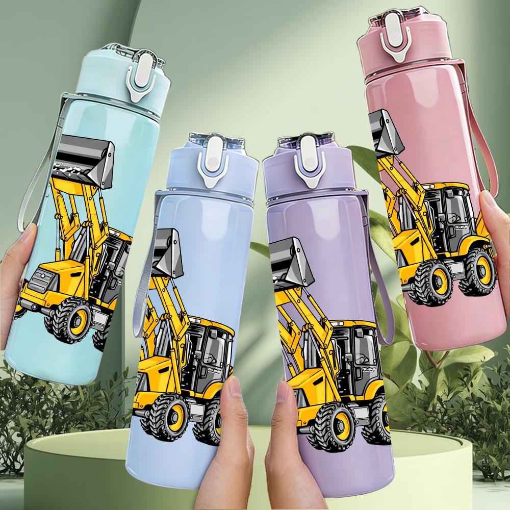 1PC Yellow Excavator Construction Print 750ml Color Plastic Sports Water Bottle Leakproof Flip Straw Lid Suitable for Sports Office Home Use
