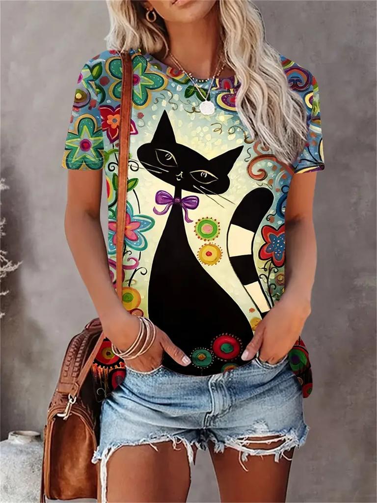 2025 Damen T-Shirt Lässig Mode Kurzarm Neu Lustig Cartoon Tier Katze 3D Druck T-Shirt Für Damen Tägliches Oberteil