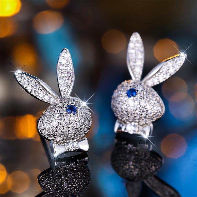 Female Crystal Blue Rabbit Animal Stud Earrings Vintage Silver Color Wedding Jewelry For Women