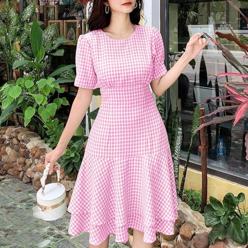

ZANZEA Женское повседневное летнее платье с круглым вырезом и принтом в клетку, с короткими рукавами 3XL розовый