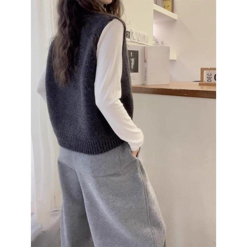 Einfarbige Damen Strickweste Koreanischer Rundhals Einreihiger Pullover Frühling Herbst Kurz Mode Damenbekleidung