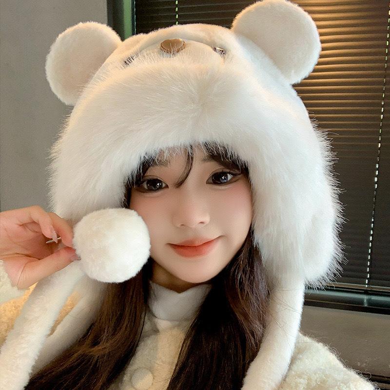 Plush Bear Hat Cute Face Small Windproof Warm Ear Protection Versatile Pullover Hat