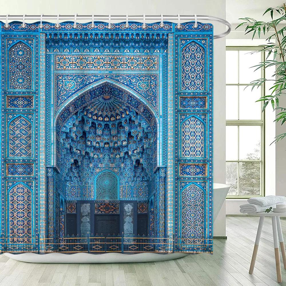 Dunika Chen Blue/Turquoise Moroccan Shower Curtain Arched Entrance Geometric Floral Classic Art Polyester Washable With Hooks